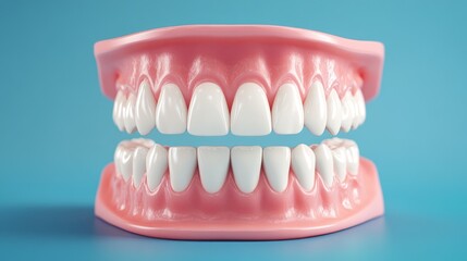 Obraz premium Hyper realistic dental model, anatomically correct teeth arrangement, pristine white enamel surface, healthy pink gums texture, soft blue backdrop, volumetric lighting, professional 3d rendering,