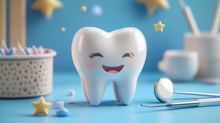 Professional 3d dental illustration, smooth tooth character, whimsical facial features, floating dental care tools, soft golden star elements, ethereal blue atmosphere, premium rendering quality