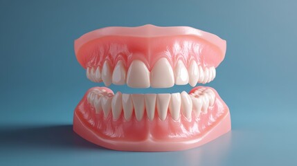 Obraz premium Hyper realistic dental model, anatomically correct teeth arrangement, pristine white enamel surface, healthy pink gums texture, soft blue backdrop, volumetric lighting, professional 3d rendering,