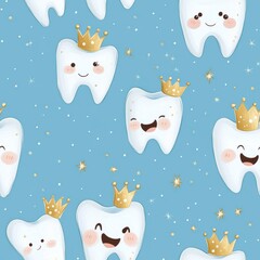 Playful repeating pattern of chibi tooth characters wearing tiny golden crowns, sparkling fairy dust trails, kawaii faces with rosy cheeks and starry eyes, floating on powder blue background, soft