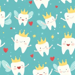 Whimsical dental fairy pattern with crowned baby teeth characters dancing in rows, pastel blue atmospheric background, twinkling star accents, floating heart bubbles, hand-drawn kawaii expressions,