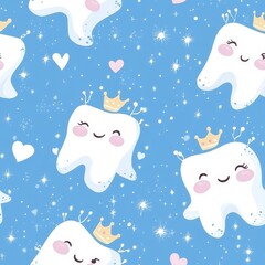 Fototapeta premium Adorable baby tooth celebration pattern, crowned tooth characters with blushing cheeks and gleaming eyes, powder blue background with floating sparkles, magical fairy dust swirls, kawaii cartoon