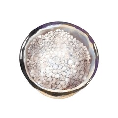 White enamel metal bowl with black rim filled with coarse sea salt, rustic kitchen style, vintage cooking element for food styling or farm kitchen scenes, watercolor clipart isolated on white