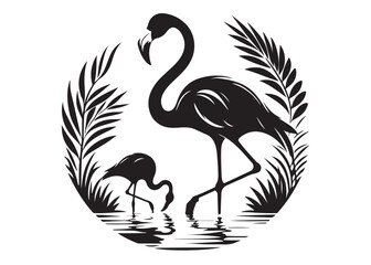 Vector flamingo logo silhouette vector, silhouette of flamingo logo icon, tropical wildlife flamingo logo silhouette, simple black an white flamingo vector silhouette isolated on a white background