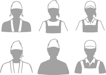 和食店従業員男女のモノクロシルエットイラストセット　グレー