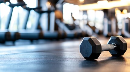 Naklejka na ściany i meble Single black hexagonal dumbbell rests on dark gym floor, modern fitness center background blurred, health and wellness concept. : Generative AI