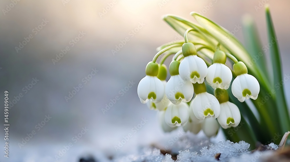 Aufkleber close-up of delicate snowdrops emerging from melting snow, showcasing their pristine white petals an