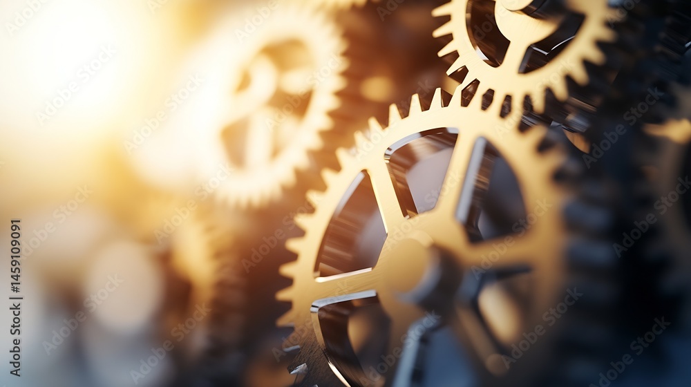 Poster Close-up view of intricate metallic gears intermeshing, bathed in warm, golden light, suggesting precision engineering and complex mechanisms. : Generative AI