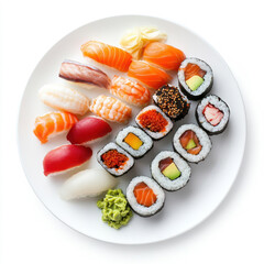 A plate of assorted sushi, including nigiri and maki rolls with fresh fish, garnished with wasabi and ginger, isolated on a white background