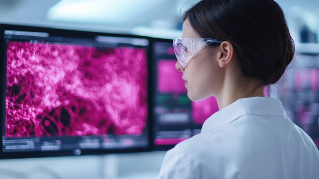 A scientist analyzes microscopic images on a computer screen in a laboratory setting, wearing safety goggles and a lab coat.
