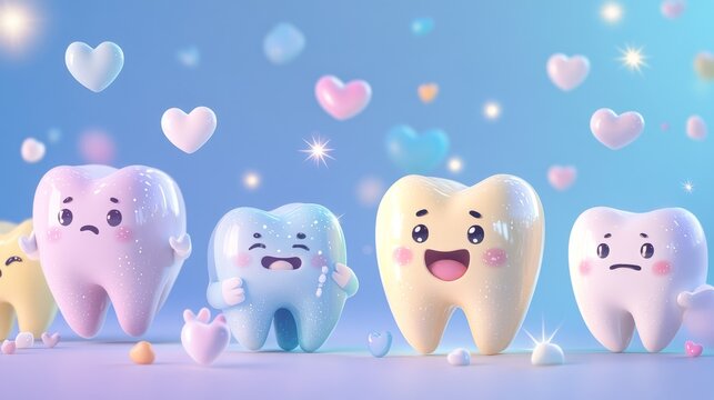 Playful montage of super deformed tooth characters showing dental health journey, from cavity monster with sad face to squeaky clean tooth with victory pose, pastel blue gradient background with