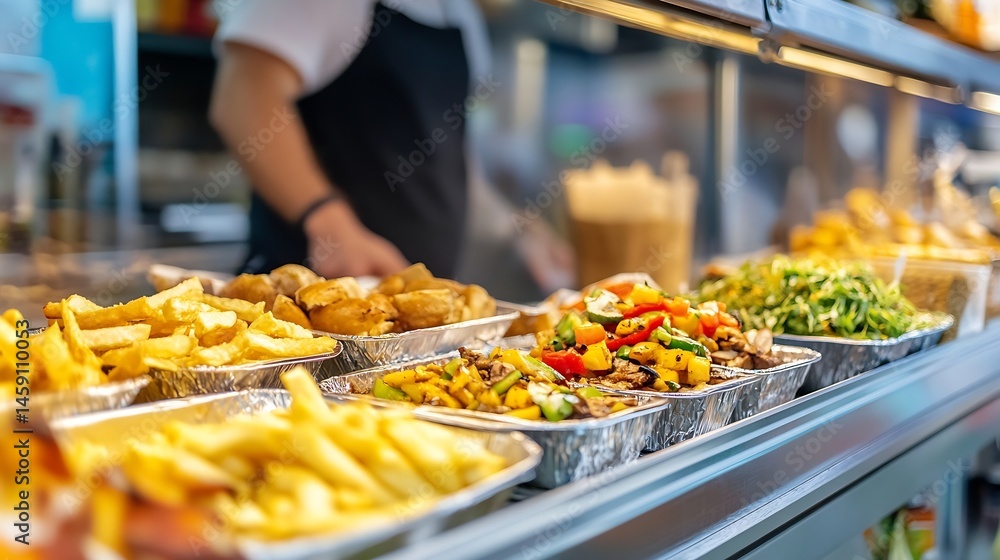 Poster close-up view of various prepared foods displayed in aluminum containers within a food service displ