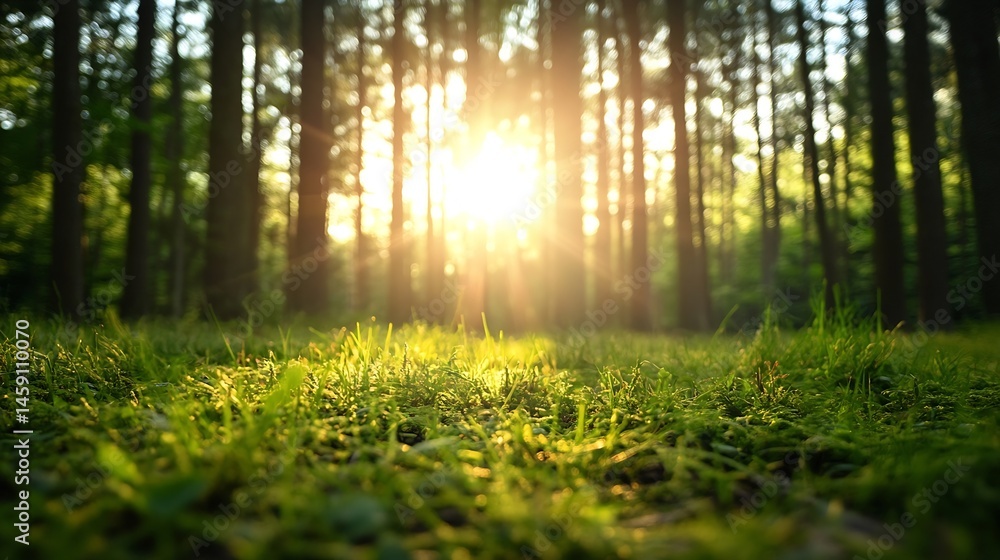 Poster golden sunlight filters through a dense forest, illuminating vibrant green grass in the foreground, 