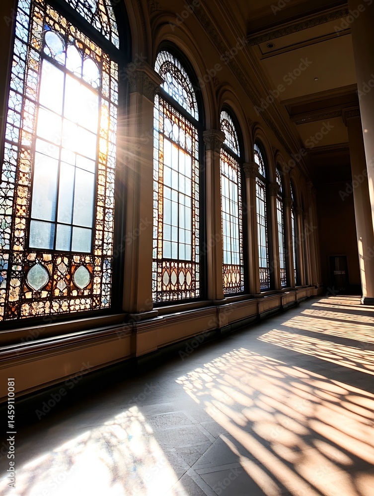 Fototapete Sunbeams illuminate a long hallway with arched stained-glass windows, casting intricate patterns on the floor. The warm light creates a serene and elegant atmosphere. : Generative AI