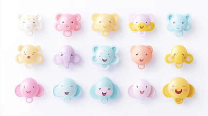 Obraz premium Vibrant collection of baby pacifiers arranged in grid layout against pure white background, each with unique cartoon character faces and expressions, clean vector art style, soft pastel color