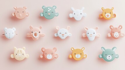 Obraz premium Modern flat design pacifier set featuring playful animal-inspired shapes, cheerful expressions with kawaii style eyes, floating arrangement with delicate drop shadows, minimalist vector illustration,