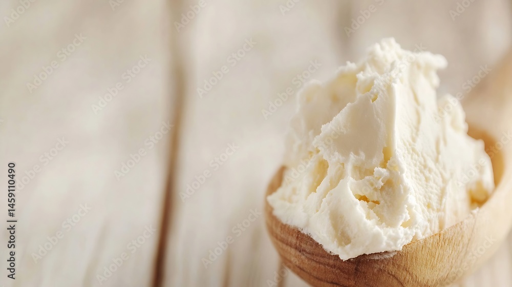 Poster close-up of creamy vanilla ice cream scoop in a wooden spoon, resting on a blurred light wood surfac