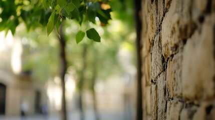 Obraz premium Close-up of green leaves overhanging a rustic stone wall, with a blurred background suggesting a sunlit city street. : Generative AI