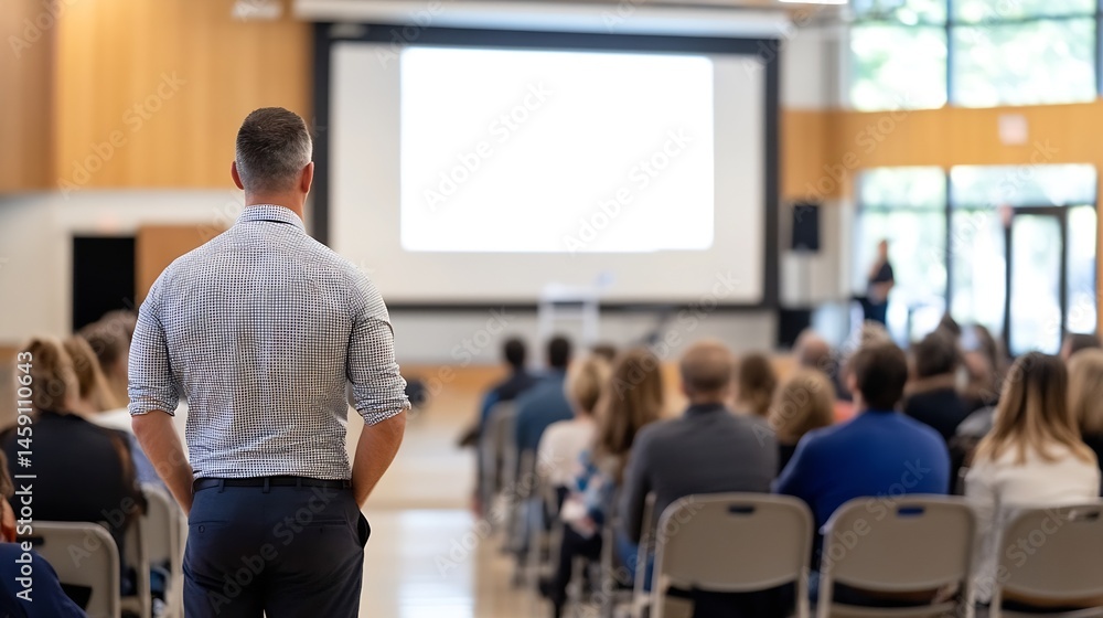 Aufkleber a businessman stands with his back to the camera, observing a large audience seated in a conference 
