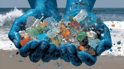 World ocean day awareness hands holding ocean plastic at the beach environmental art coastal view conservation message
