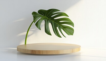 Obraz premium Minimalist Wooden Podium with Monstera Leaf