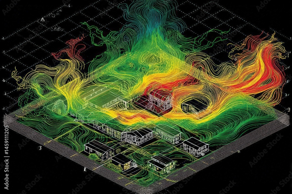 Poster visual representation of airflow patterns over a building layout.