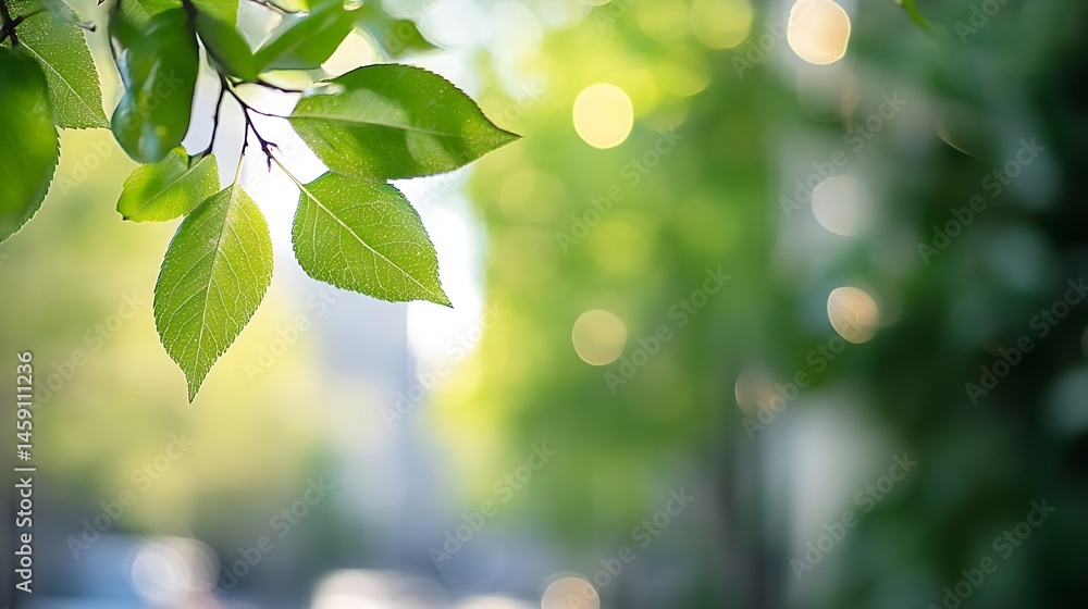 Leinwandbilder Close-up of vibrant green leaves on a branch, sunlight filtering through, blurred bokeh background of trees and city. : Generative AI