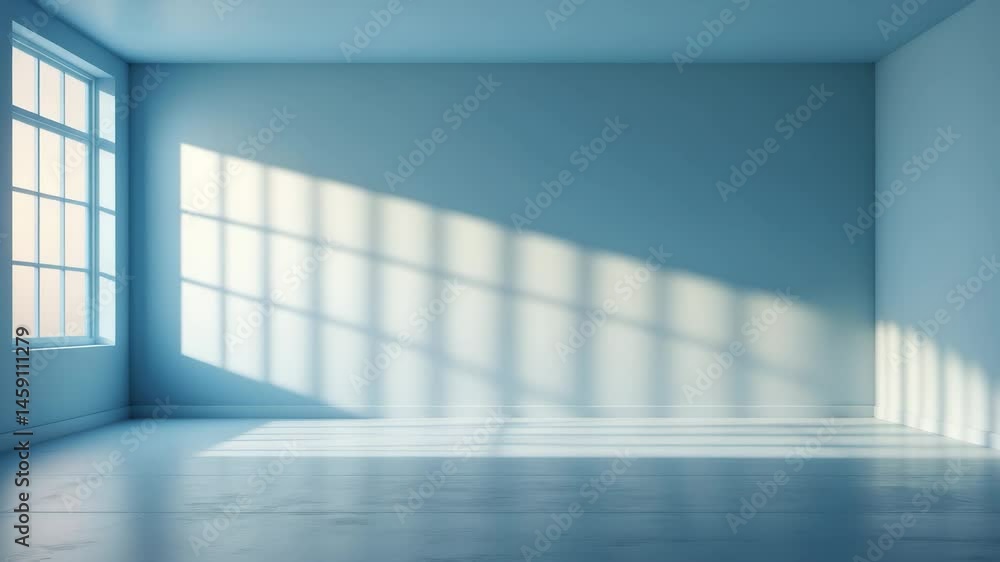 Poster blue abstract studio background ideal for product presentation, includes empty room with window shad