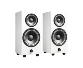 High-quality white speakers perfect for home audio setup on a transparent background