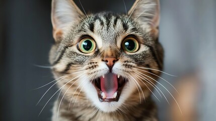 Close-up portrait of a tabby cat with wide, surprised green eyes and open mouth, showing teeth and pink tongue.  The cat's fur is a mix of brown, black, and white. : Generative AI