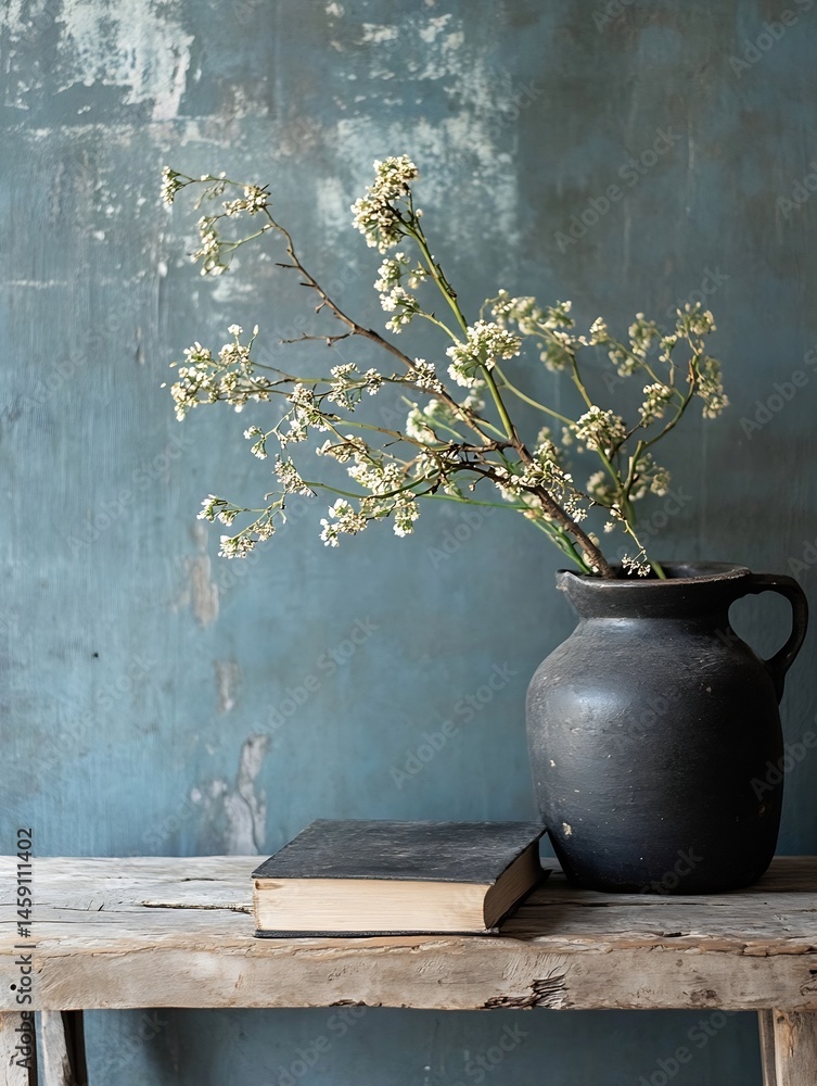 Aufkleber Delicate white flowers in a dark ceramic vase rest on a rustic wooden table against a textured teal wall, creating a serene and minimalist still life. : Generative AI