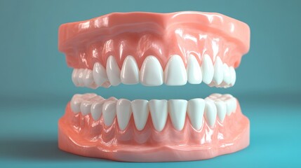 Obraz premium Hyper realistic dental model, anatomically correct teeth arrangement, pristine white enamel surface, healthy pink gums texture, soft blue backdrop, volumetric lighting, professional 3d rendering,