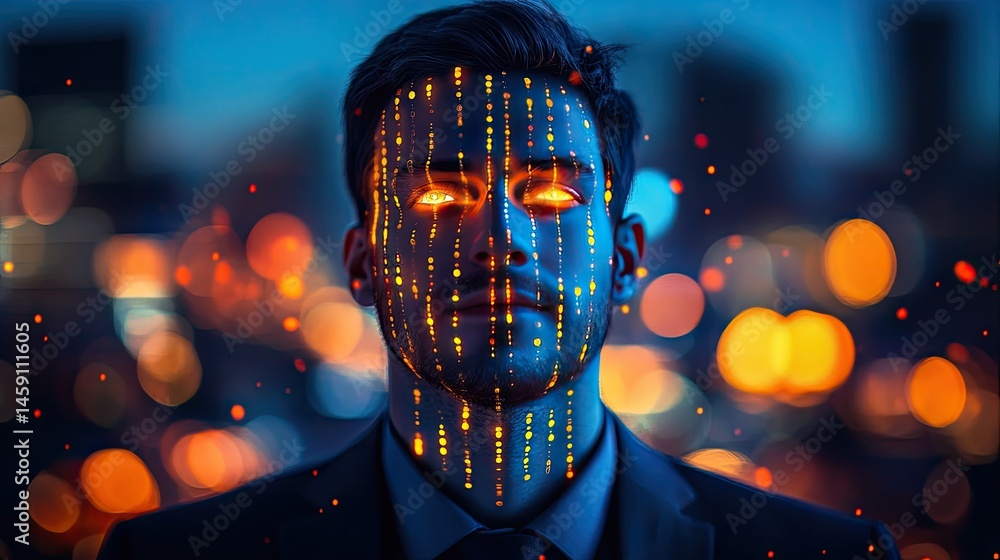 Poster digital face overlay on a man in a suit. a futuristic image of facial recognition technology, glowin