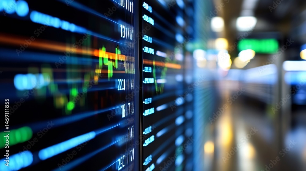 Fototapete Close-up view of a digital stock ticker displaying financial data, numbers, and graphs with a blurred city background at night. : Generative AI