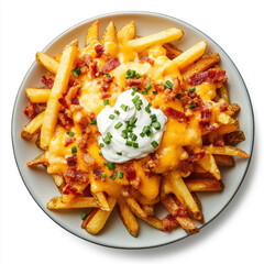 A plate of crispy fries topped with melted cheese, crunchy bacon bits, sour cream, and chives, displayed on a white background