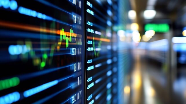 Close-up view of a digital stock ticker displaying financial data, numbers, and graphs with a blurred city background at night. : Generative AI