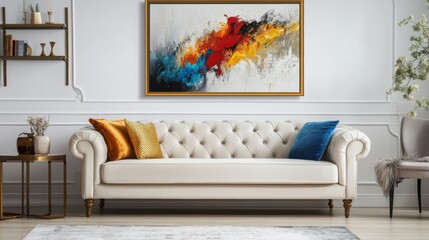 Golden-framed abstract artwork above a plush tufted couch in an elegant space