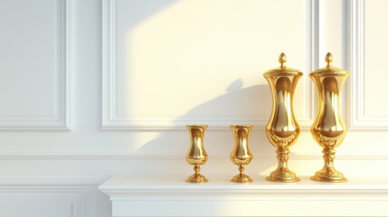 Golden vases and candle holders arranged on a glossy white console table in a luxury setting