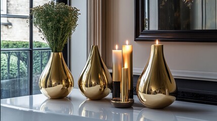 Golden vases and candle holders arranged on a glossy white console table in a luxury setting