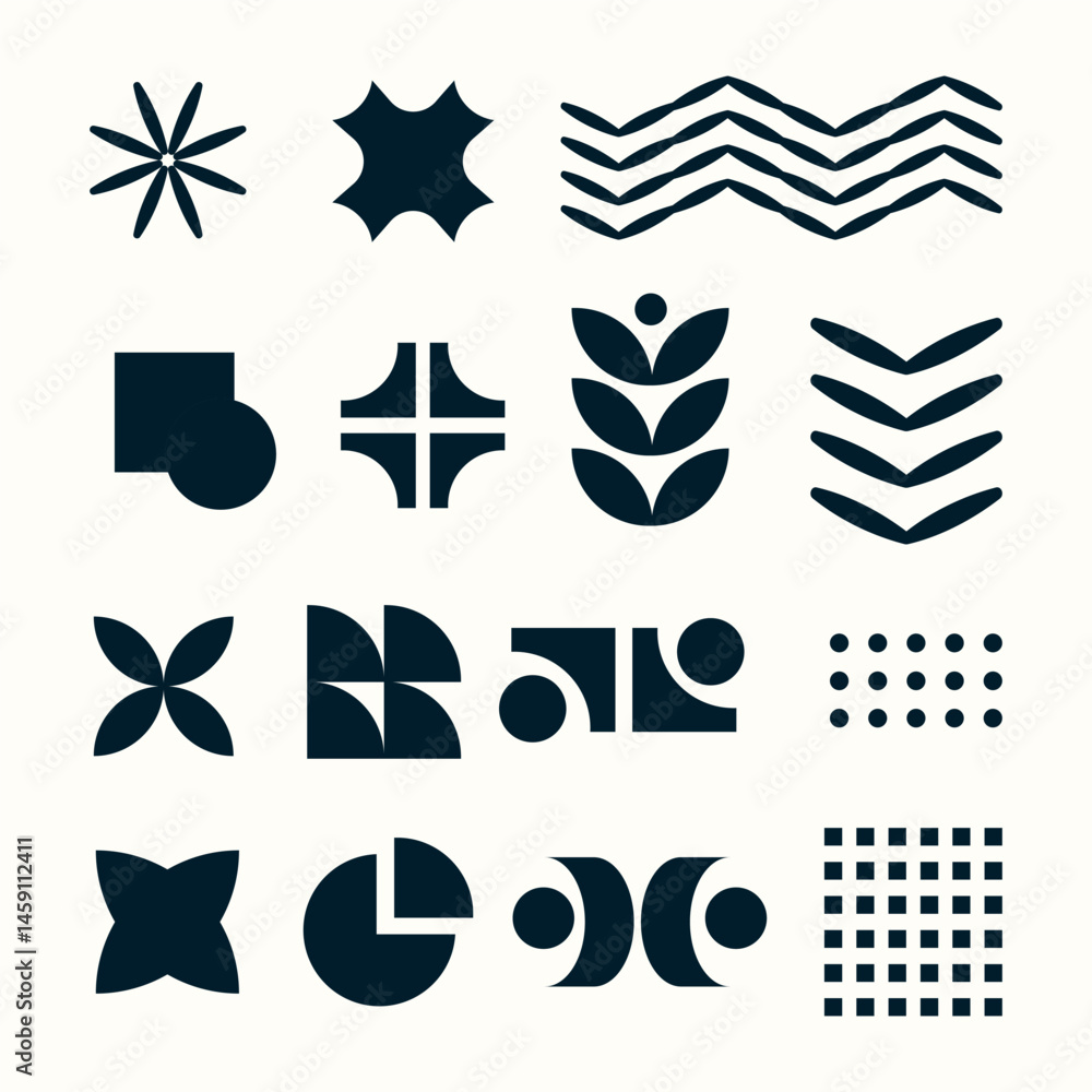Poster modern abstract geometric symbols and shapes, retro elements. brutal forms and figures set. swiss de