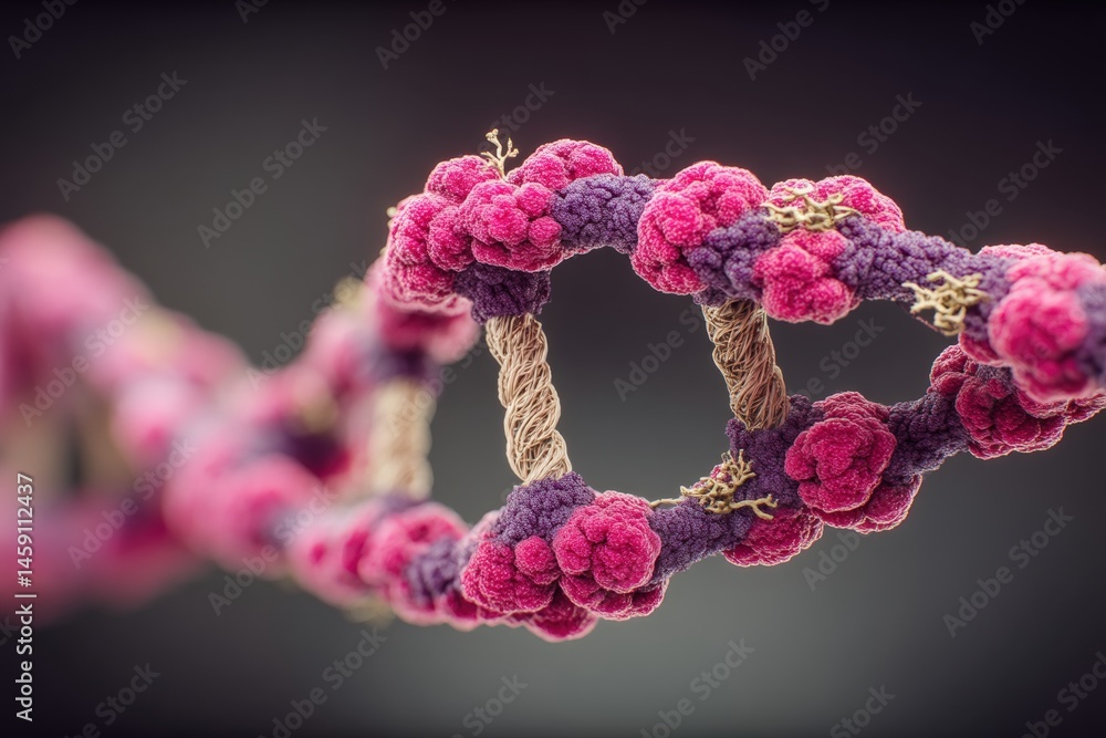 Poster dna molecule with pink and grey structures in a close-up view.