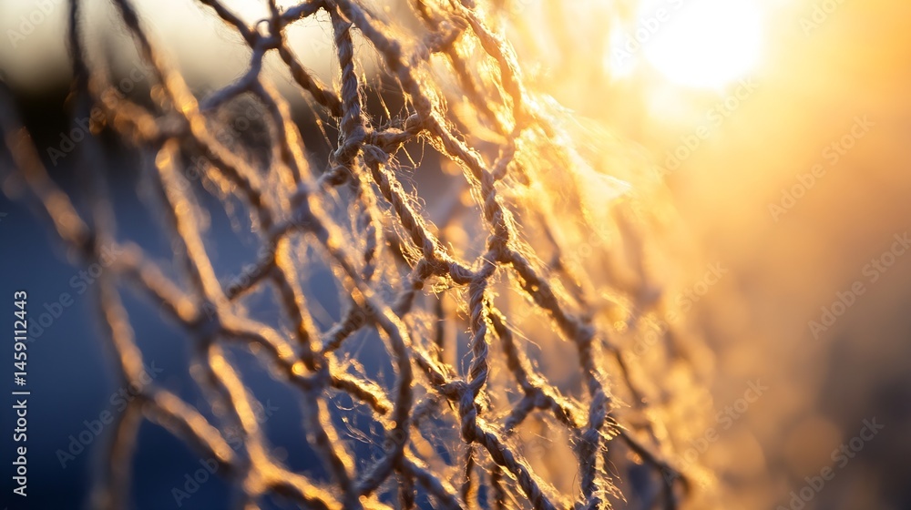 Fototapete close-up of a textured jute net at sunset, golden light illuminating the intricate woven fibers, cre