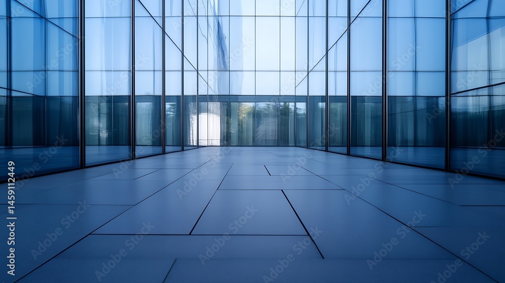 Poster modern glass building exterior with a blue-toned tiled floor, showcasing a perspective view of the a
