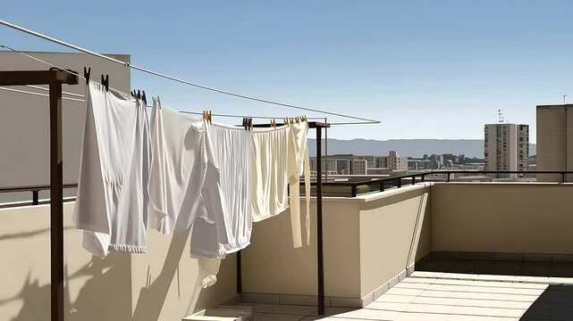 Laundry drying on a rooftop under the midday sun