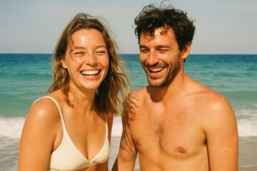 Fototapeta premium Joyful couple enjoying beach.