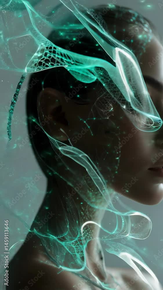 Aufkleber female face with bright technology streams. connections and network design over skin. turquoise glow