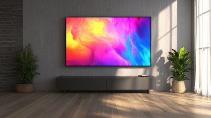 Fototapeta premium Living room wall packed with colorful abstract art forming a striking focal point