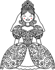 Ornate Cartoon Bride with Swirling Dress Details