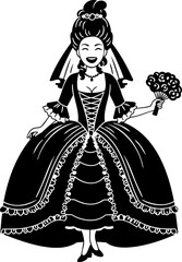 Joyful Cartoon Queen with Bouquet in Elaborate Dress