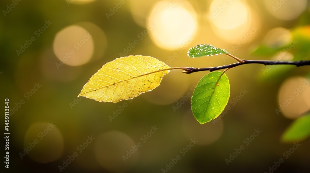 Poster a single branch with two leaves, one yellow and one green, illuminated by soft sunlight, bokeh backg